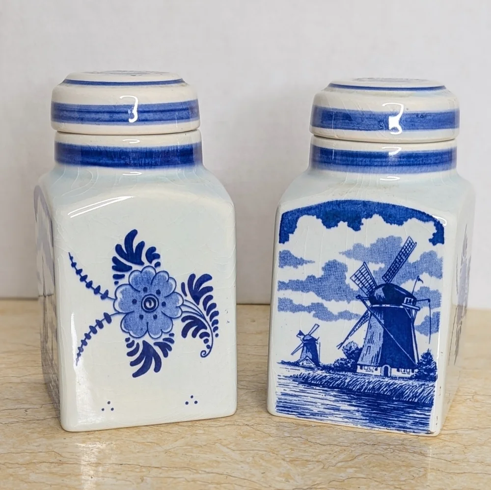 Vintage Pair Blue Delft Spice Jars Ceramic Lidded Holland Canisters